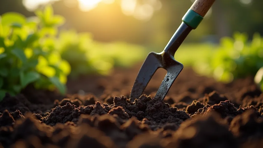 Prepared allotment plot with soil beds, tools, and fencing