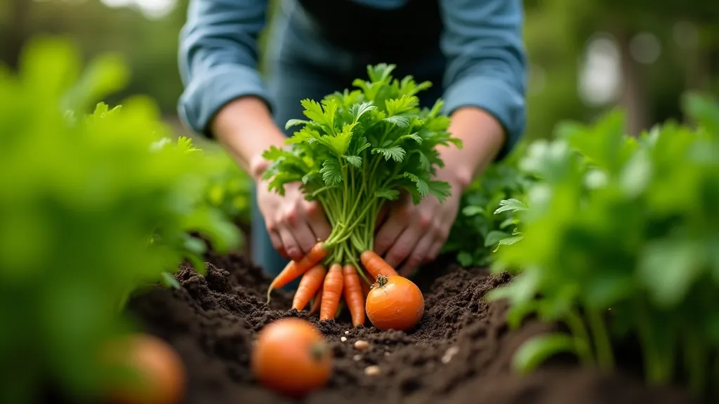 Various British vegetables in garden bed, carrots, potatoes, onions growing